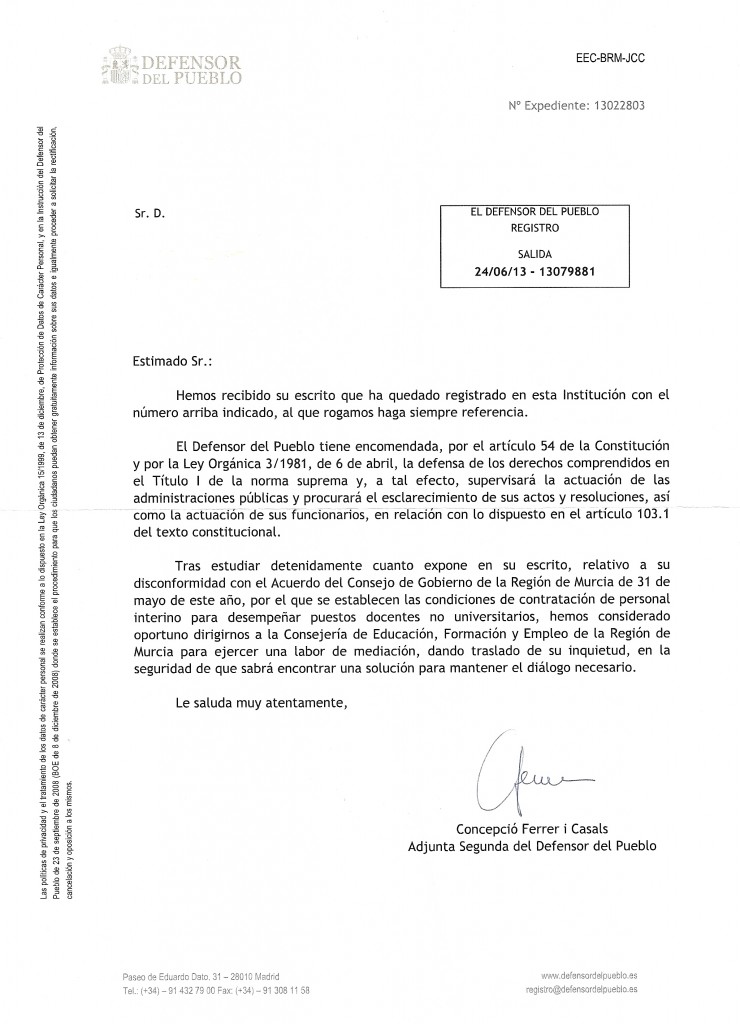 LA DEFENSORA DEL PUEBLO MEDIARÁ EN EL CONFLICTO CON LA CONSEJERÍA DE EDUCACIÓN POR LA REBAREMACIÓN DE LISTAS DE INTERINOS IMPUESTA POR SOTOCA.