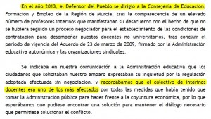 LA CONSEJERÍA DE EDUCACIÓN MINTIÓ A LA DEFENSORA DEL PUEBLO SOBRE EL CONFLICTO DE LAS LISTAS DE INTERINOS Y SE NEGÓ A LA MEDIACIÓN OFRECIDA POR ESTE ORGANISMO