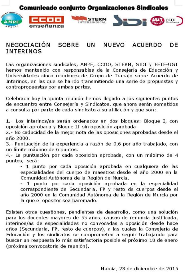ÚLTIMAS NOTICIAS SOBRE LA NEGOCIACIÓN DEL ACUERDO DE LISTAS DE INTERINOS.