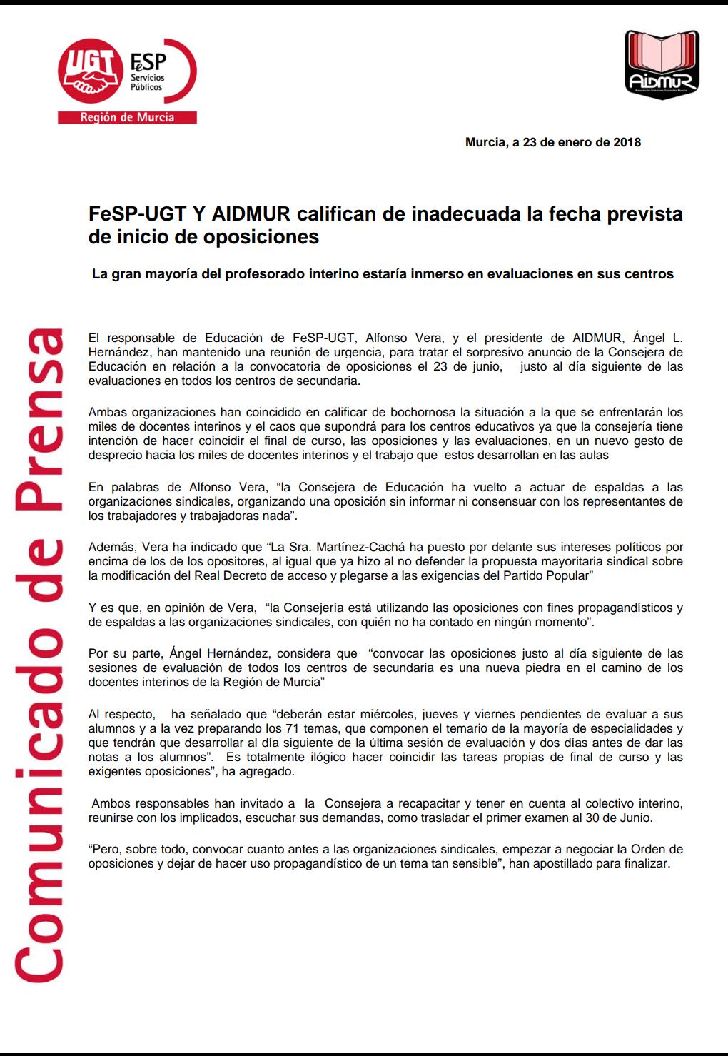 RECHAZAMOS QUE EL PRIMER EXAMEN DE OPOSICIÓN SEA AL DÍA SIGUIENTE DE EVALUAR A NUESTROS ALUMNOS